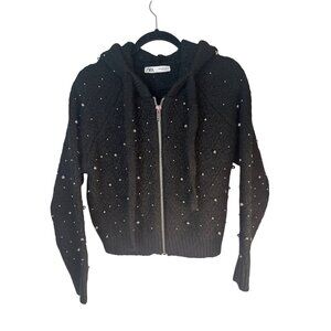 ZARA Black Hooded Small Knit Cardigan Silver Embellishments Front Zipper Closure